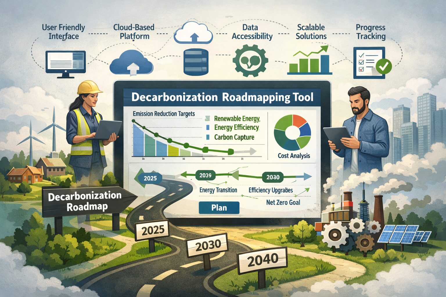 What are the key features that ensure the accessibility and scalability of decarbonization road-mapping tools, particularly in resource-constrained environments?